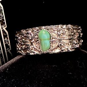 Chunky Silver Tone Botanical Cuff Bracelet with turquoise stone